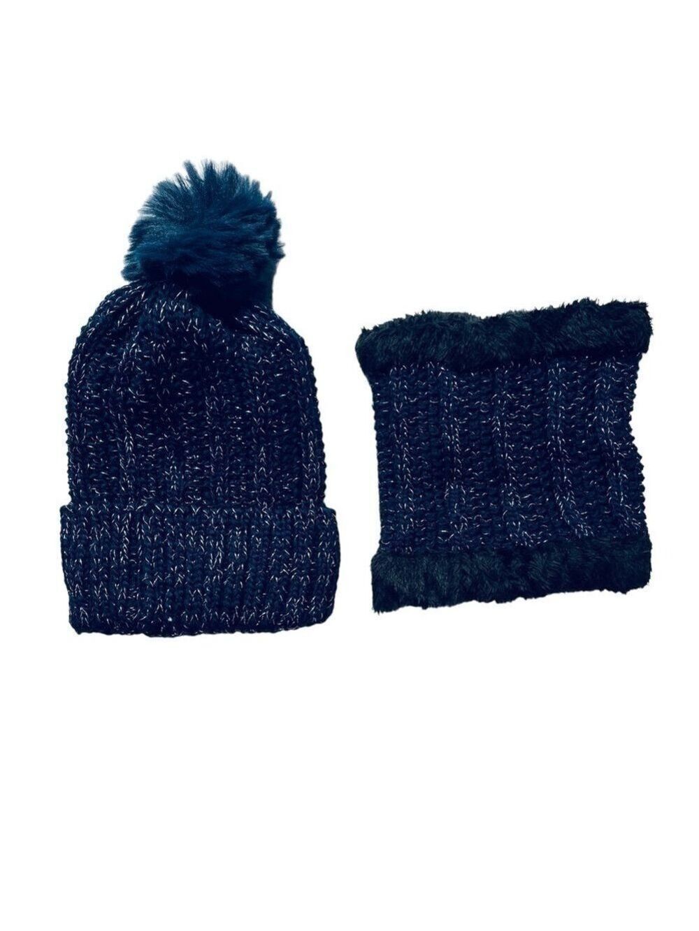 NAVY blue toque thick lined beanie hat pompom knit ribbing  and neck warmer